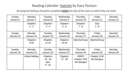 Reading Calendar: Hatchet by Gary Paulson