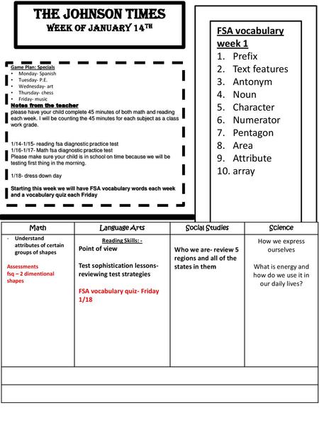 The Johnson Times FSA vocabulary week 1 Prefix Text features Antonym