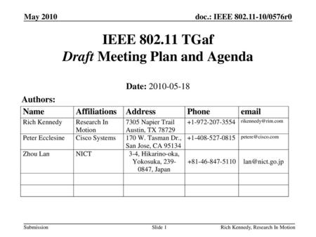 IEEE TGaf Draft Meeting Plan and Agenda