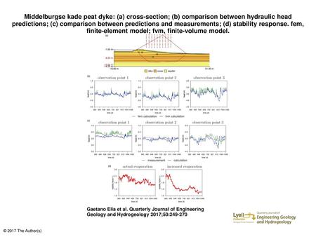 Middelburgse kade peat dyke: (a) cross-section; (b) comparison between hydraulic head predictions; (c) comparison between predictions and measurements;