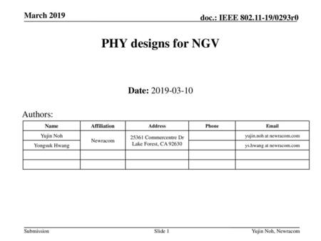 PHY designs for NGV Date: Authors: