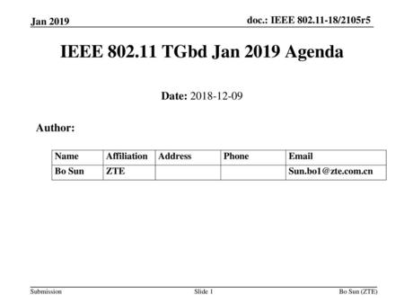 IEEE TGbd Jan 2019 Agenda Date: Author: Jan 2019