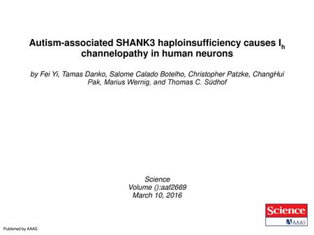 Autism-associated SHANK3 haploinsufficiency causes Ih channelopathy in human neurons by Fei Yi, Tamas Danko, Salome Calado Botelho, Christopher Patzke,