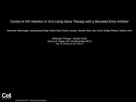 Control of HIV Infection In Vivo Using Gene Therapy with a Secreted Entry Inhibitor  Alexander Falkenhagen, Jastaranpreet Singh, Sabah Asad, Danila Leontyev,