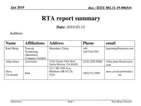 RTA report summary Date: Authors: Jan 2019