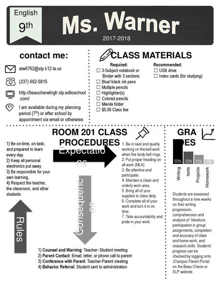 Ms. Warner 9th Expectations Consequences Rules contact me: