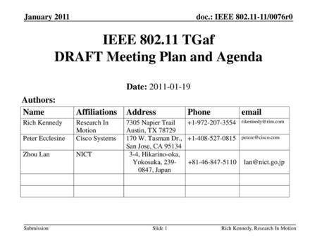 IEEE TGaf DRAFT Meeting Plan and Agenda