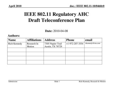 IEEE Regulatory AHC Draft Teleconference Plan