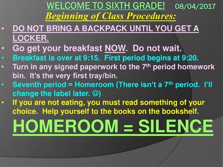 Welcome to sixth grade! 08/04/2017