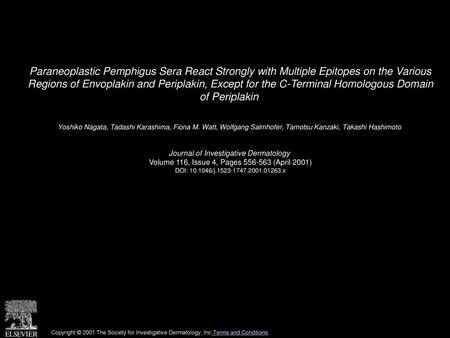 Paraneoplastic Pemphigus Sera React Strongly with Multiple Epitopes on the Various Regions of Envoplakin and Periplakin, Except for the C-Terminal Homologous.