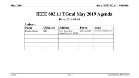 IEEE TGmd May 2019 Agenda Date: Authors: May 2019