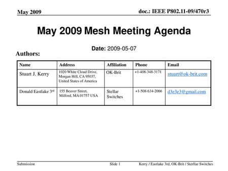 May 2009 Mesh Meeting Agenda