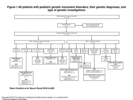 Figure 1 All patients with pediatric genetic movement disorders, their genetic diagnoses, and type of genetic investigations All patients with pediatric.