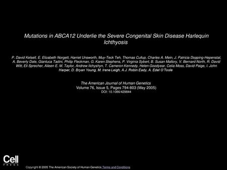 Mutations in ABCA12 Underlie the Severe Congenital Skin Disease Harlequin Ichthyosis  P. David Kelsell, E. Elizabeth Norgett, Harriet Unsworth, Muy-Teck.