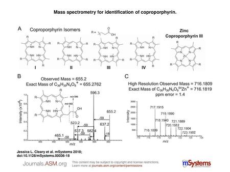 Mass spectrometry for identification of coproporphyrin.