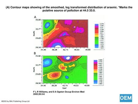 (A) Contour maps showing of the smoothed, log transformed distribution of arsenic. *Marks the putative source of pollution at 44.5 33.0. (A) Contour maps.