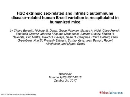 HSC extrinsic sex-related and intrinsic autoimmune disease–related human B-cell variation is recapitulated in humanized mice by Chiara Borsotti, Nichole.