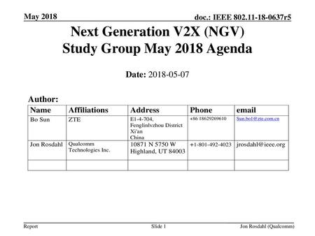 Next Generation V2X (NGV) Study Group May 2018 Agenda