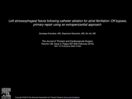 Left atrioesophageal fistula following catheter ablation for atrial fibrillation: Off-bypass, primary repair using an extrapericardial approach  Sandeep.