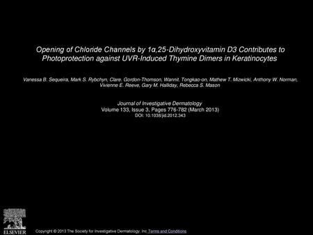 Opening of Chloride Channels by 1α,25-Dihydroxyvitamin D3 Contributes to Photoprotection against UVR-Induced Thymine Dimers in Keratinocytes  Vanessa.