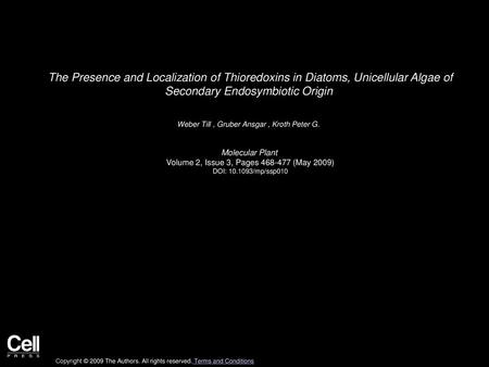 The Presence and Localization of Thioredoxins in Diatoms, Unicellular Algae of Secondary Endosymbiotic Origin  Weber Till , Gruber Ansgar , Kroth Peter.