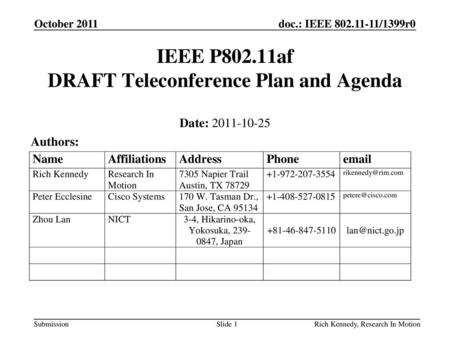 IEEE P802.11af DRAFT Teleconference Plan and Agenda