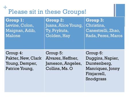 Please sit in these Groups!