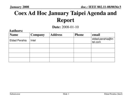 Coex Ad Hoc January Taipei Agenda and Report