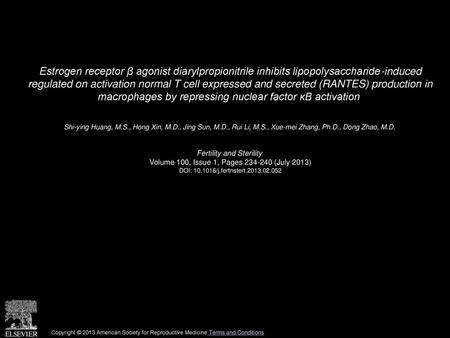 Estrogen receptor β agonist diarylpropionitrile inhibits lipopolysaccharide-induced regulated on activation normal T cell expressed and secreted (RANTES)