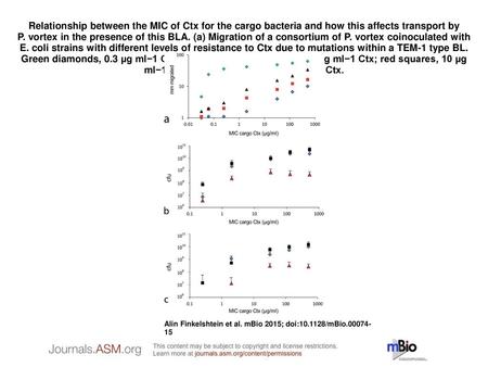 Relationship between the MIC of Ctx for the cargo bacteria and how this affects transport by P. vortex in the presence of this BLA. (a) Migration of a.