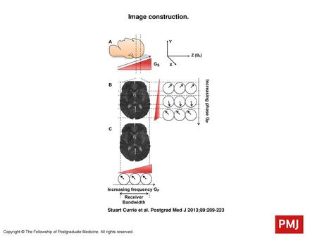 Image construction. Image construction. (A) Step 1: Slice selection. A slice-selecting gradient (GS) is applied at the same time as the excitatory radiofrequency.