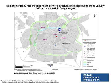 Map of emergency response and health services structures mobilised during the 15 January 2016 terrorist attack in Ouagadougou. Map of emergency response.