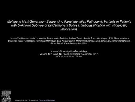 Multigene Next-Generation Sequencing Panel Identifies Pathogenic Variants in Patients with Unknown Subtype of Epidermolysis Bullosa: Subclassification.