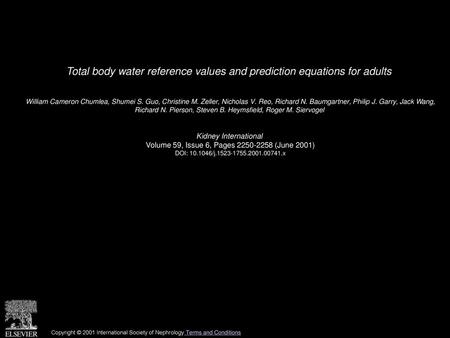 Total body water reference values and prediction equations for adults