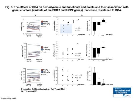 Fig. 3. The effects of DCA on hemodynamic and functional end points and their association with genetic factors (variants of the SIRT3 and UCP2 genes) that.