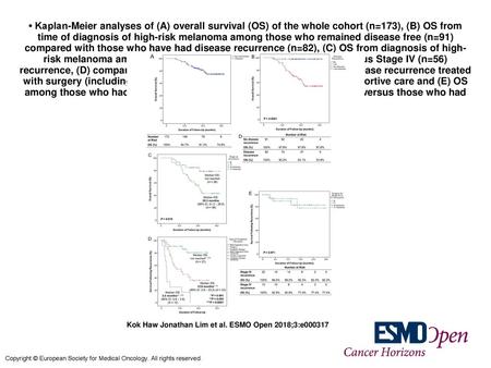 • Kaplan-Meier analyses of (A) overall survival (OS) of the whole cohort (n=173), (B) OS from time of diagnosis of high-risk melanoma among those who remained.