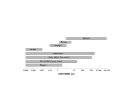 (a) illuminance measured in the horizontal plane from a typical street light (Phillips Cosmopolis, metal halide lamp). The intensity of light decays rapidly.