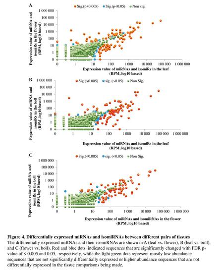 Figure 4. Differentially expressed miRNAs and isomiRNAs between different pairs of tissues The differentially expressed miRNAs and their isomiRNAs are.