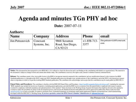 Agenda and minutes TGn PHY ad hoc