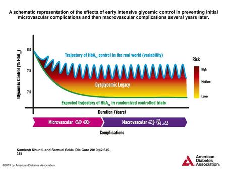 A schematic representation of the effects of early intensive glycemic control in preventing initial microvascular complications and then macrovascular.