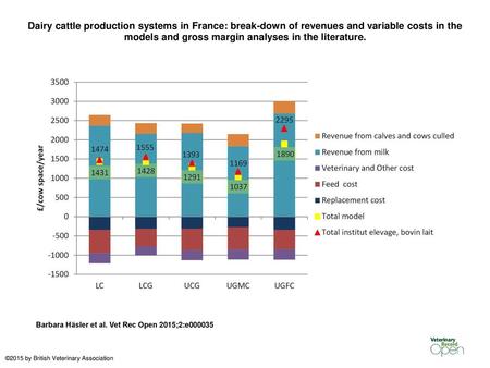 Dairy cattle production systems in France: break-down of revenues and variable costs in the models and gross margin analyses in the literature. Dairy cattle.