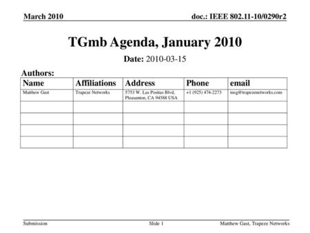 TGmb Agenda, January 2010 Date: Authors: March 2010