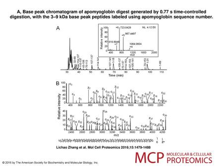 A, Base peak chromatogram of apomyoglobin digest generated by 0