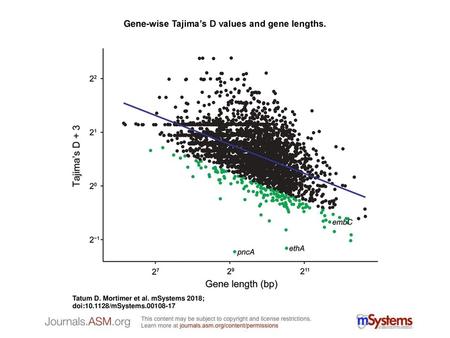 Gene-wise Tajima’s D values and gene lengths.