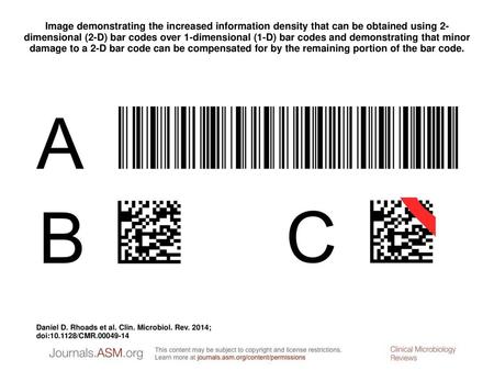 Image demonstrating the increased information density that can be obtained using 2-dimensional (2-D) bar codes over 1-dimensional (1-D) bar codes and demonstrating.