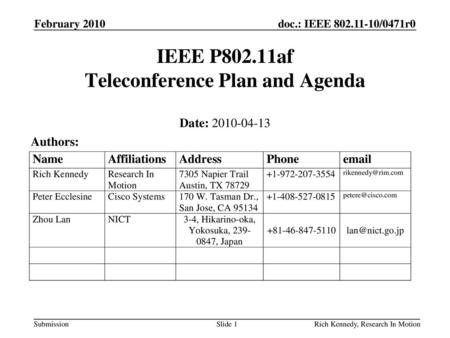 IEEE P802.11af Teleconference Plan and Agenda