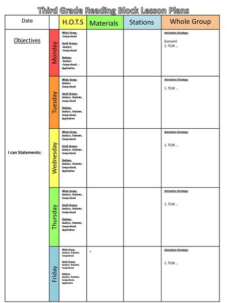 Third Grade Reading Block Lesson Plans