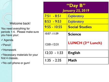 “Day B” January 25, :51 - 8:51 Exploratory 8:53 - 9:53