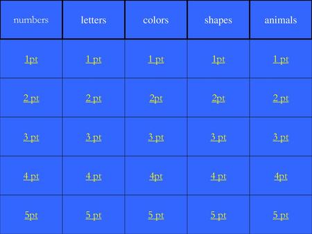 numbers letters colors shapes animals 1pt 1 pt 1 pt 1pt 1 pt 2 pt 2 pt