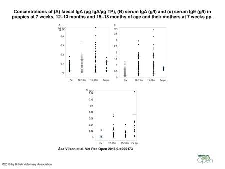 Concentrations of (A) faecal IgA (µg IgA/µg TP), (B) serum IgA (g/l) and (c) serum IgE (g/l) in puppies at 7 weeks, 12–13 months and 15–18 months of age.